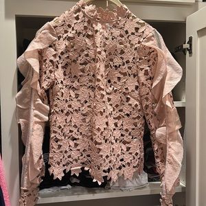 Self-Portrait Lace Flounce Long Sleeve Blouse Womens Size 0 Pink Blush